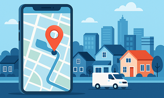 AI generated image of tracking app and delivery truck in neighborhood