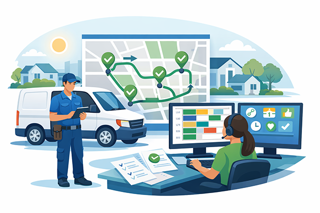 Illustration of a field technician, service van, and dispatcher using optimized routing and scheduling to fit more jobs into the day without burnout.