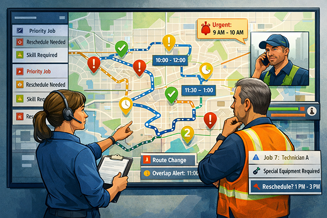 Illustration of dispatch and field operations staff reviewing daily routes, service windows, and route changes on a large planning screen.