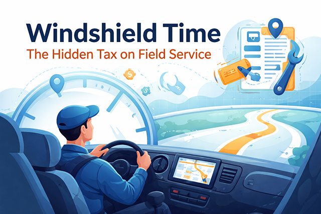 Illustration of a field service technician driving with route, time, and cost icons representing windshield time in field service