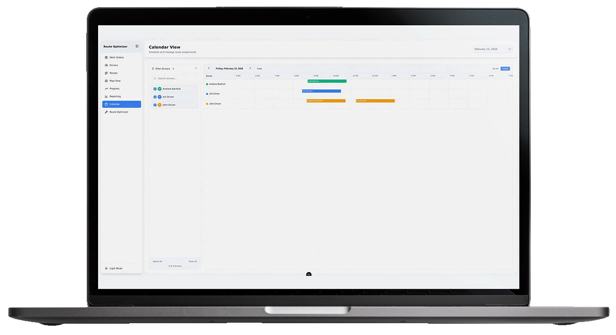 Route optimization software is supported by route, map, calendar, progress, driver, and reporting views.