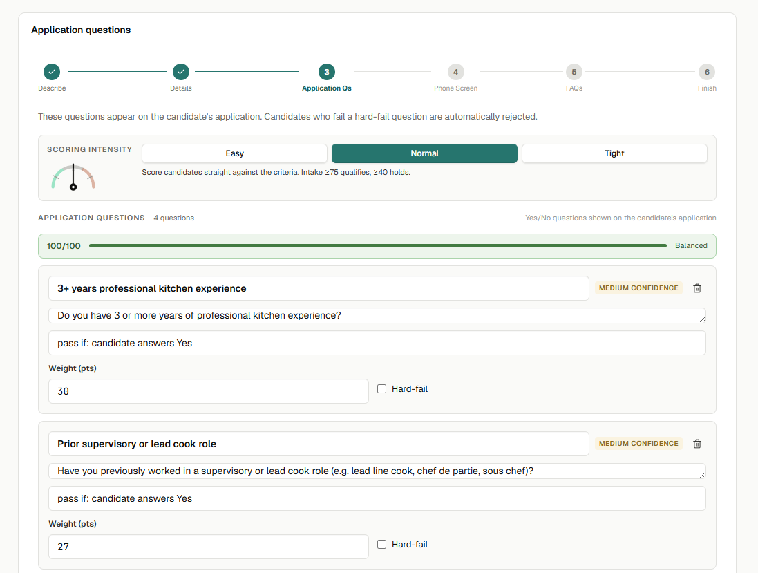fieldflow-newjob-application-questions-4 FieldFlow AI hiring software lets your control what's most important in a qualified applicant, how to weigh different requirements, and what's non-negotiable.